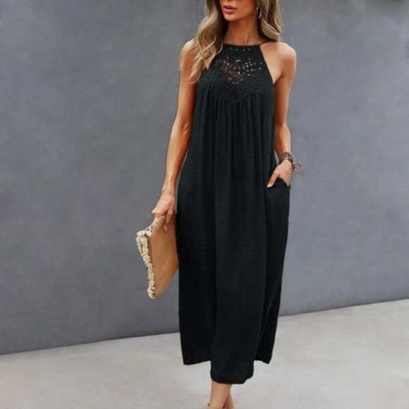 . Dresses & Skirts - BLACK Lace detailed Swiss Dot Halter Dress pockets